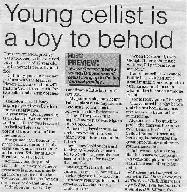 Wimbledon Guardian April 7th 2005- young cellist is a joy to behold