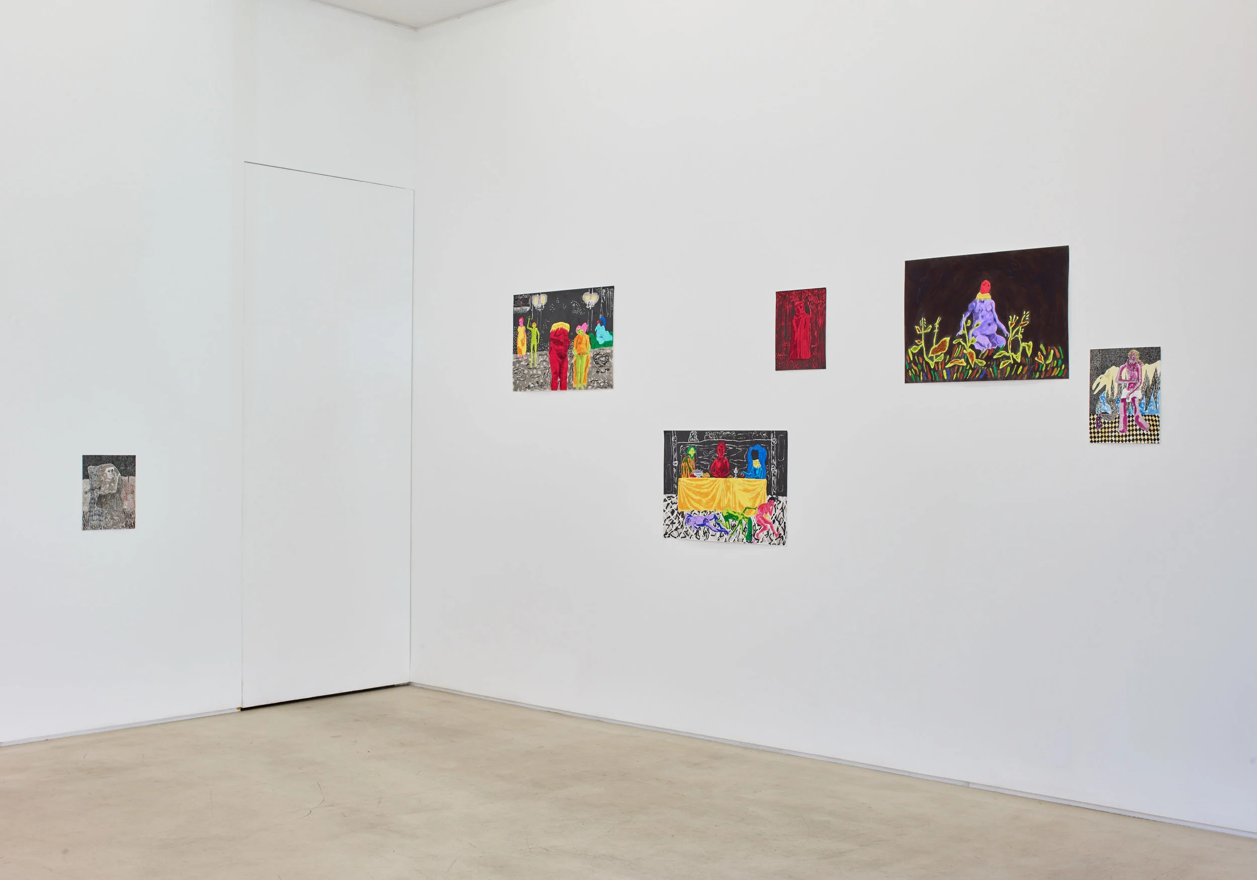 BOUND Installation view, left to right: Dominic Dispirito The dancers, Who’s not welcome at the dinner table, I was walking through the woods one day, that’s where I go to play, In the garden and One man and his dog 2018 Image: Stephen White