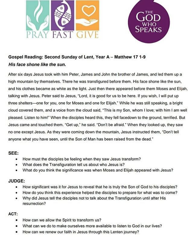 Gospel Enquirys for the Second Sunday of Lent plus one from Wednesdays Gospel. They can be downloaded from: http://www.ycwimpact.com/downloads