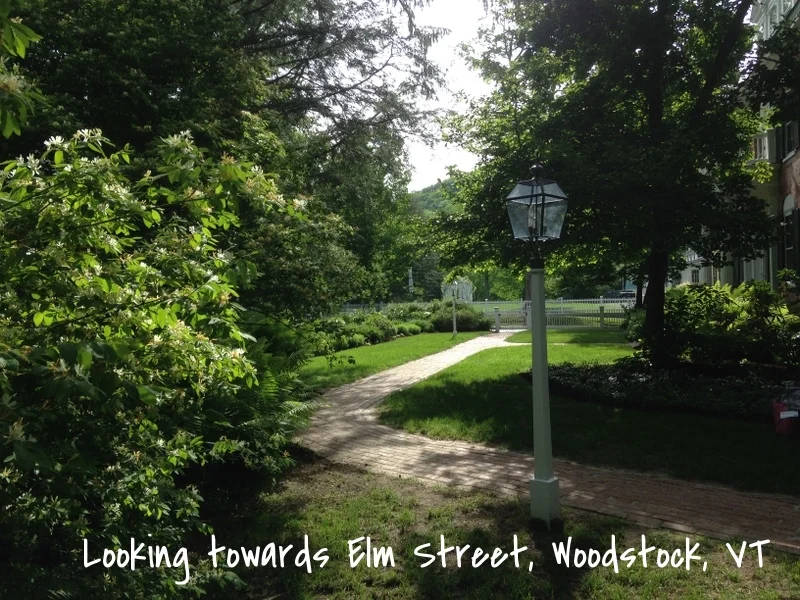 Brick walkway with a view to Elm Street, Woodstock, VT