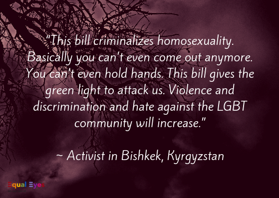   “This bill criminalizes homosexuality. Basically you can’t even come out anymore. You can’t even hold hands. This bill gives the green light to attack us. Violence and discrimination and hate against the LGBT community will increase.”  ~ Activist i