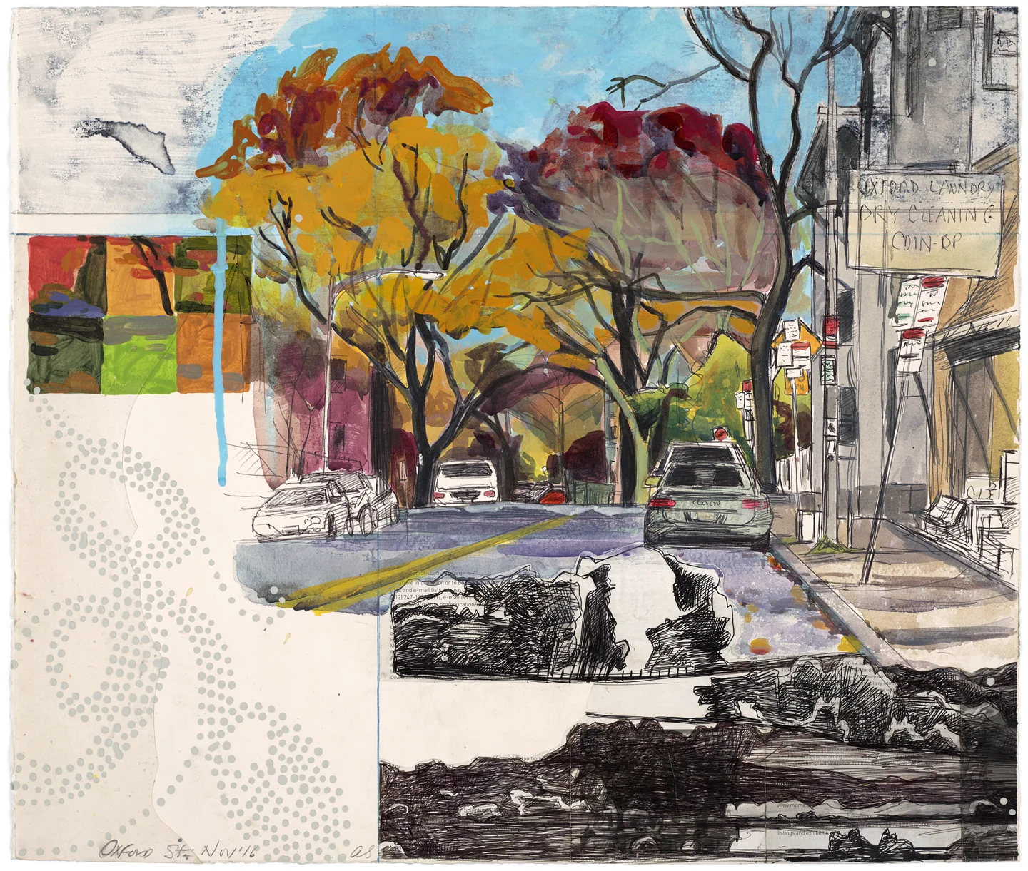 Oxford Street, 2016, 17"x21", mixed media on paper