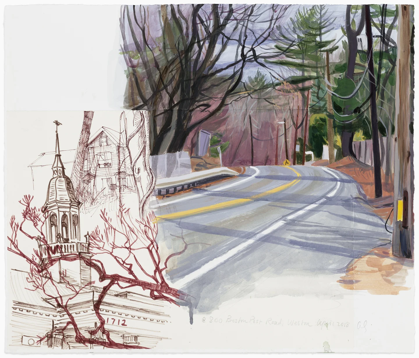 800 Boston Post Road, April 2018, 19x21", mixed media on paper