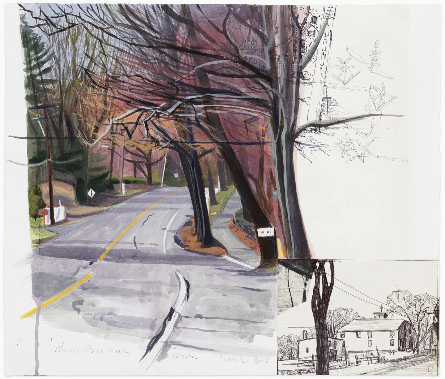 Boston Post Road, Weston, March 2018, 19x21", mixed media on paper