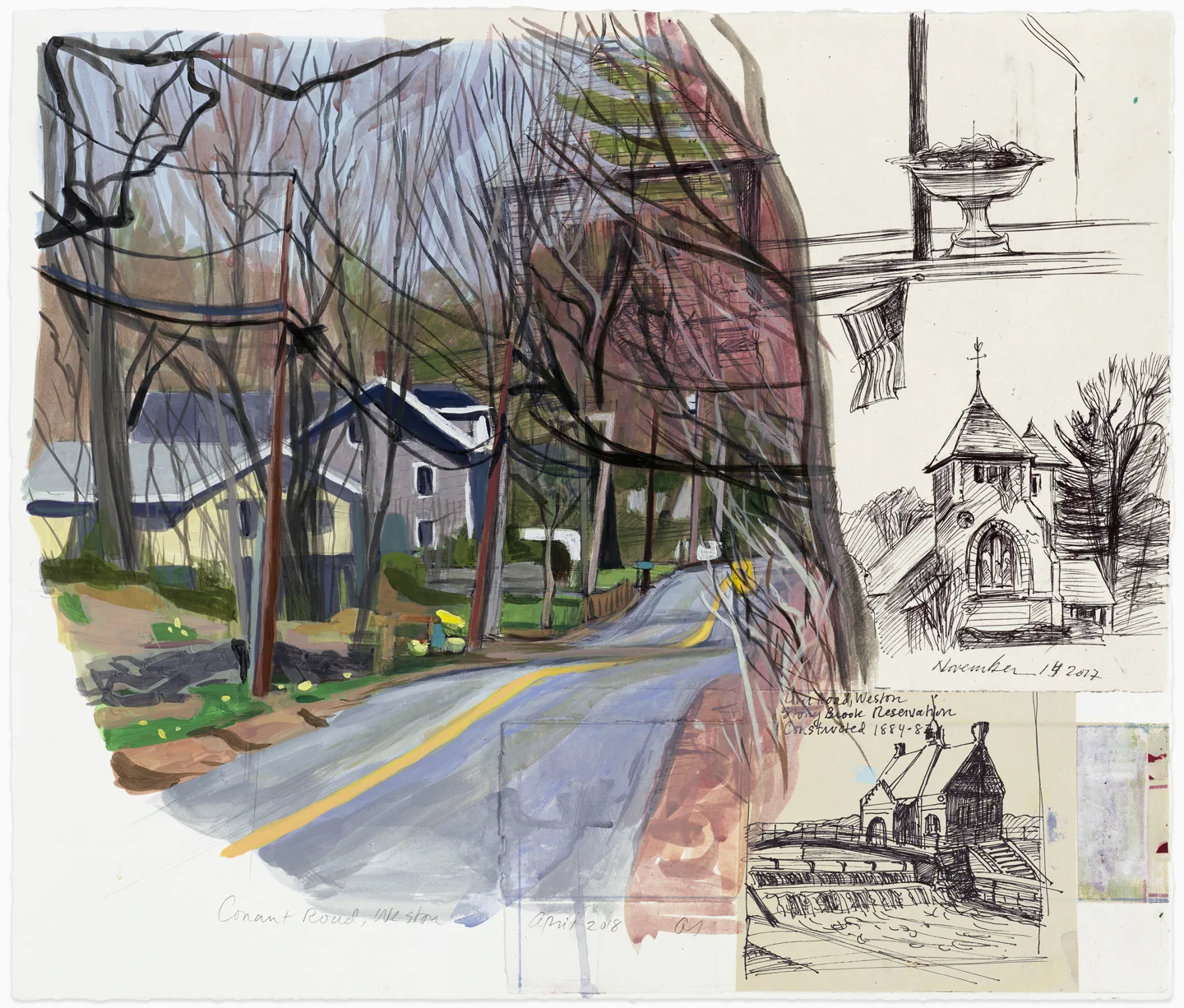 Conant Road, Weston, April 2018, 19x21", mixed media on paper