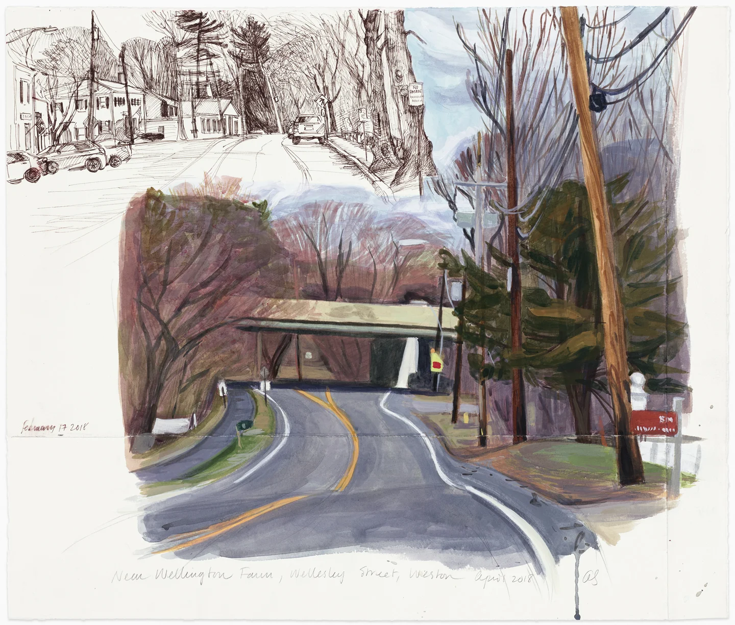 New Wellington Farm, Wellesley Street, Weston, April 2018, 19x21", mixed media on paper