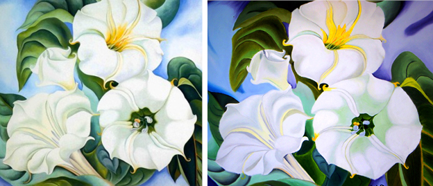 Georgia O'Keeffe's floral masterpieces are a huge source of inspiration. On the left is her "Jimson Weed" piece. On the right is a copy I attempted junior year of high school circa 2002.