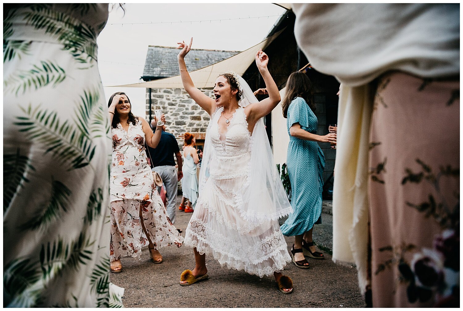 brides crazy dancing at streamcombe farm, dulverton