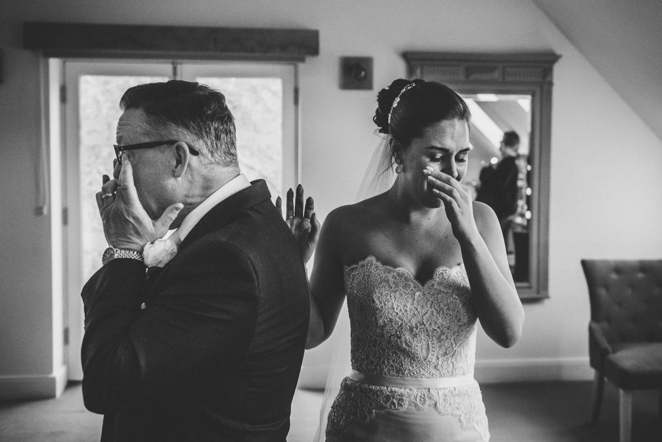 bride and her father get emotional during bridal prep 