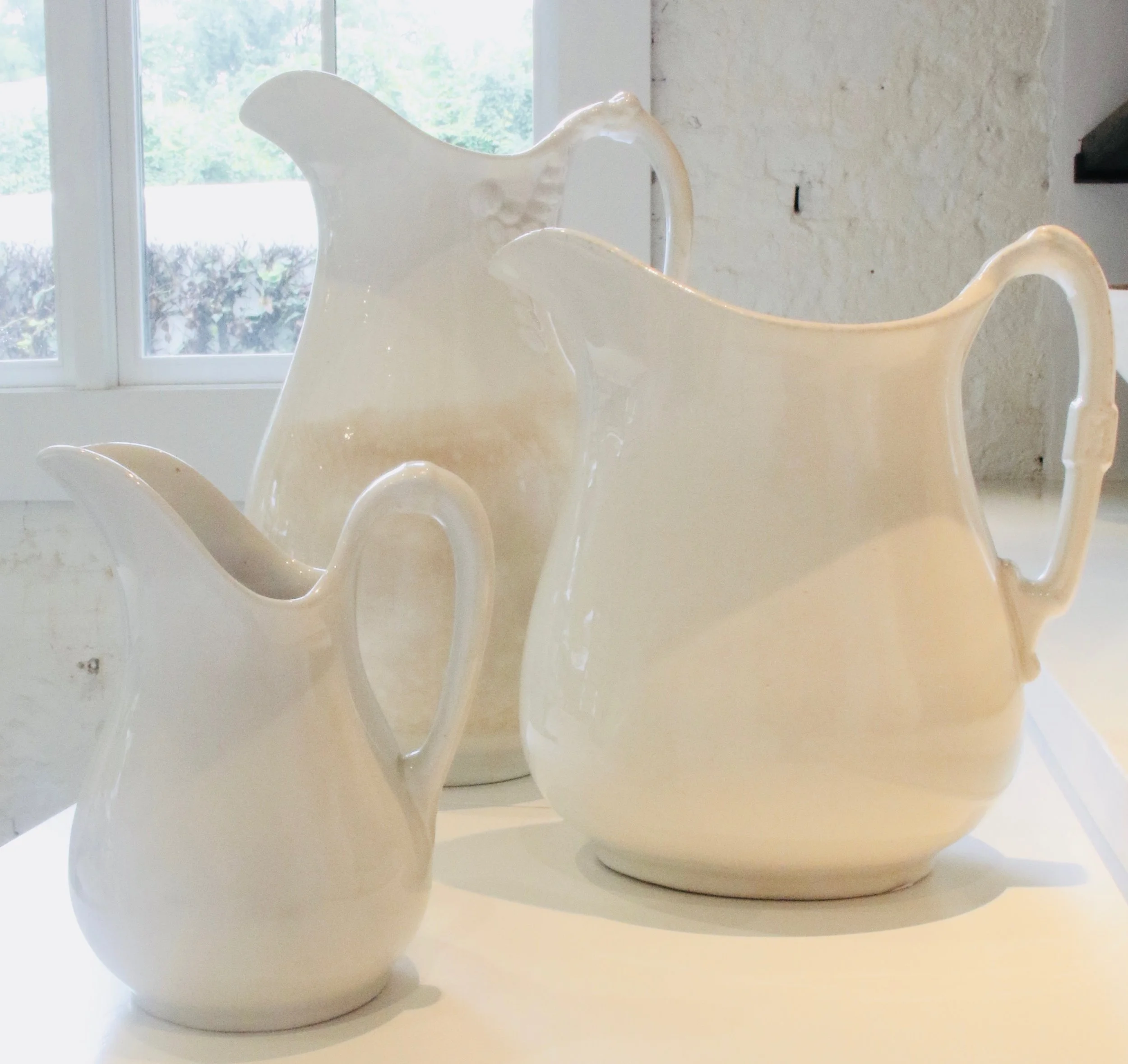 Antique ironstone pitchers Various sizes available. $350-650 To order please call us at 202-234-5926 or email at boutique@darrylcarter.com. Please note pricing excludes taxes and shipping.