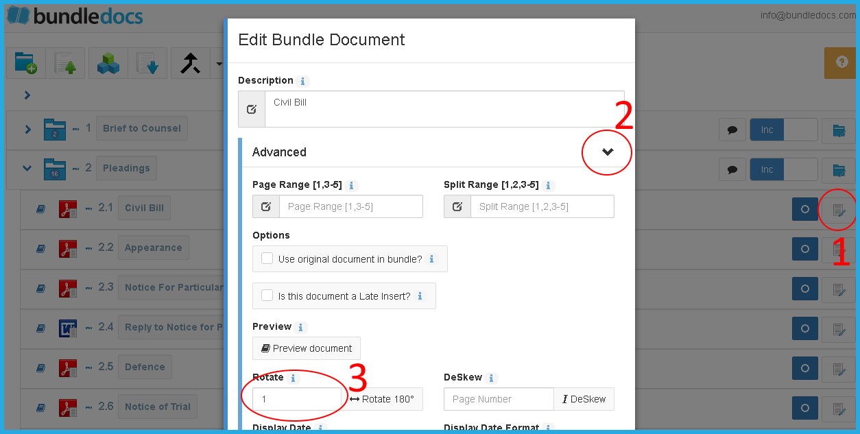 Effortlessly rotate single or multiple pages directly within Bundledocs