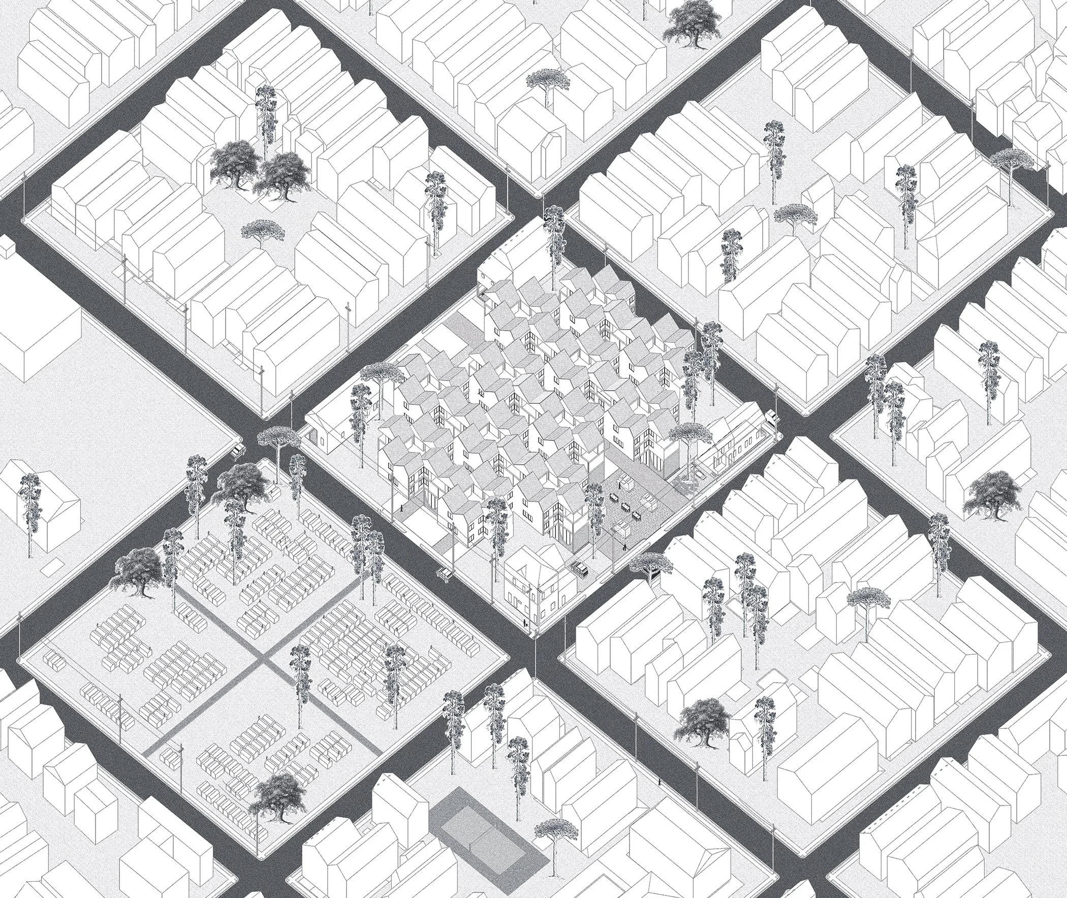  Axonometric illustration of multi-family housing concept designed by Mia Kaplan 