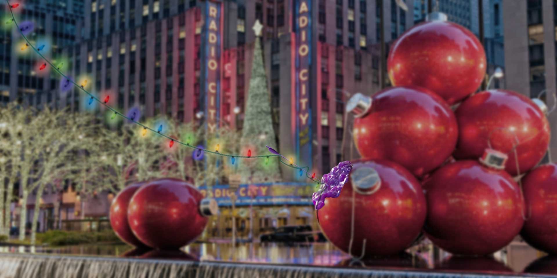 the radio city christmas baubles are an iconic NYC Christmas feature.