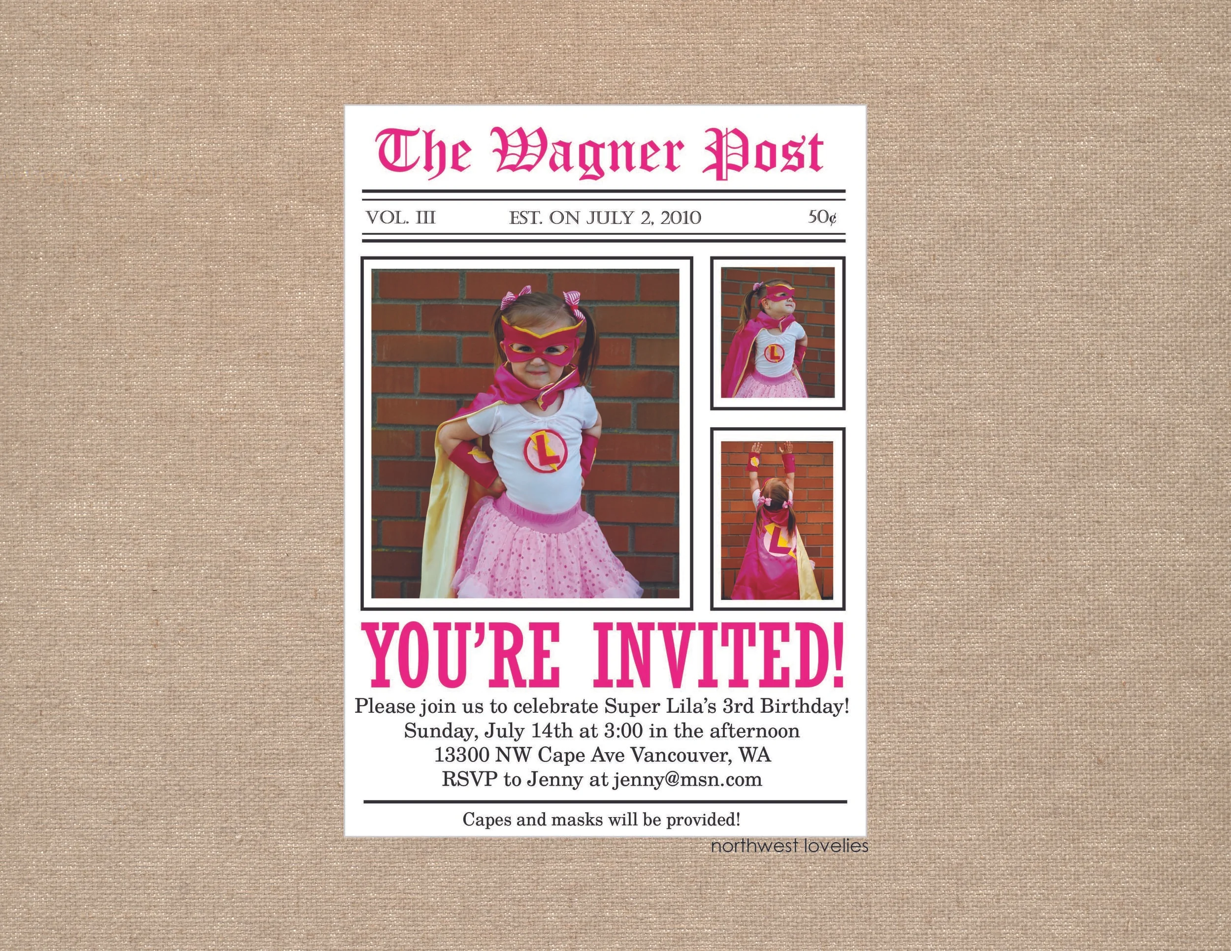   Pink Superhero Invitation  