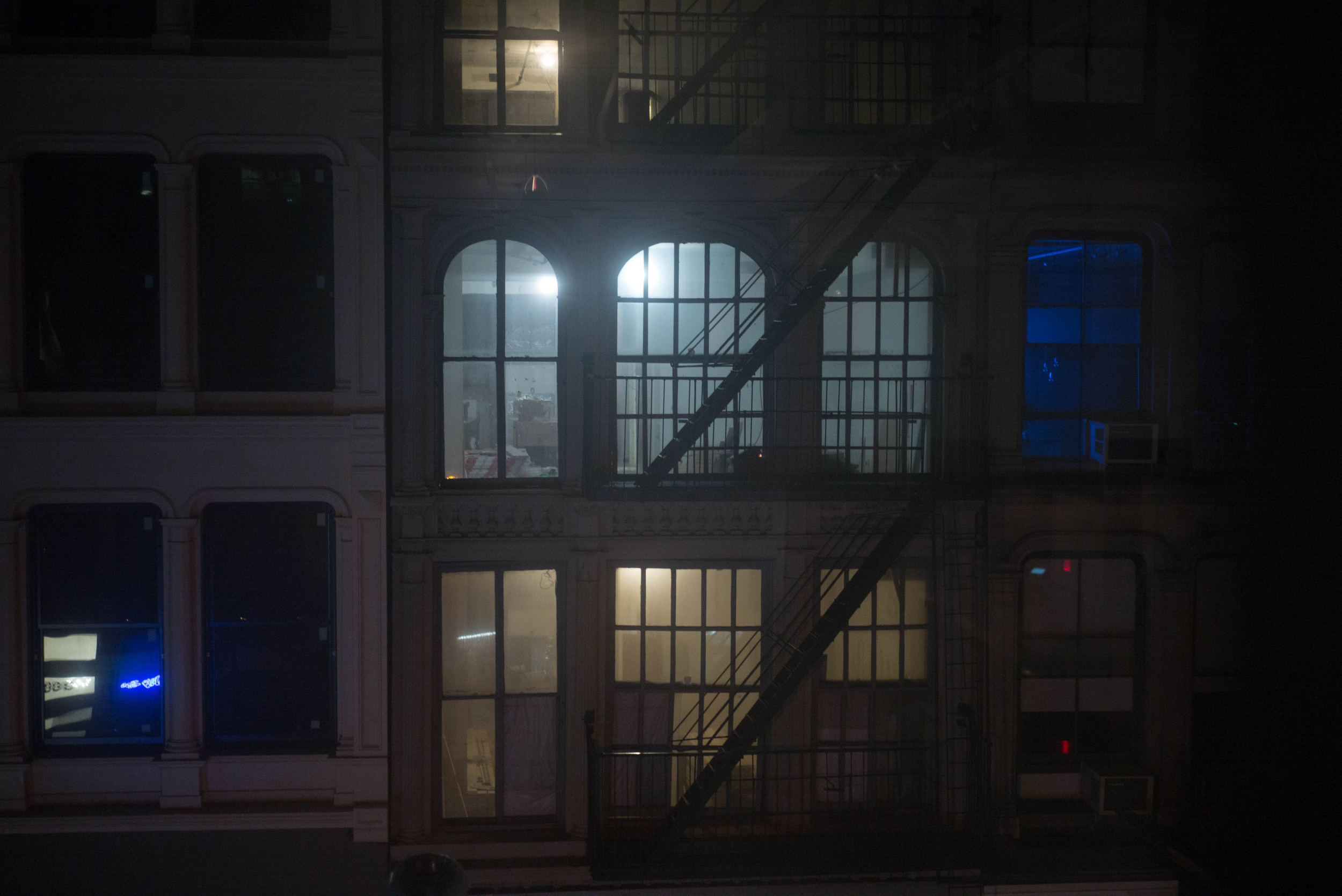 Out the window.