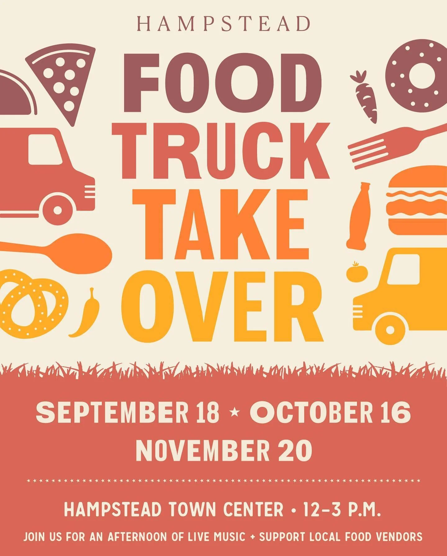Hampstead&rsquo;s Food Truck Takeover returns this SUNDAY for the final event of 2022! Don&rsquo;t miss Montgomery&rsquo;s largest #foodtruck event Sunday 12-3. Bring a coat and your appetite! ☀️🍁🌭🥙🍔🍺 #foodtrucks #hampsteadliving #sundayfunday #