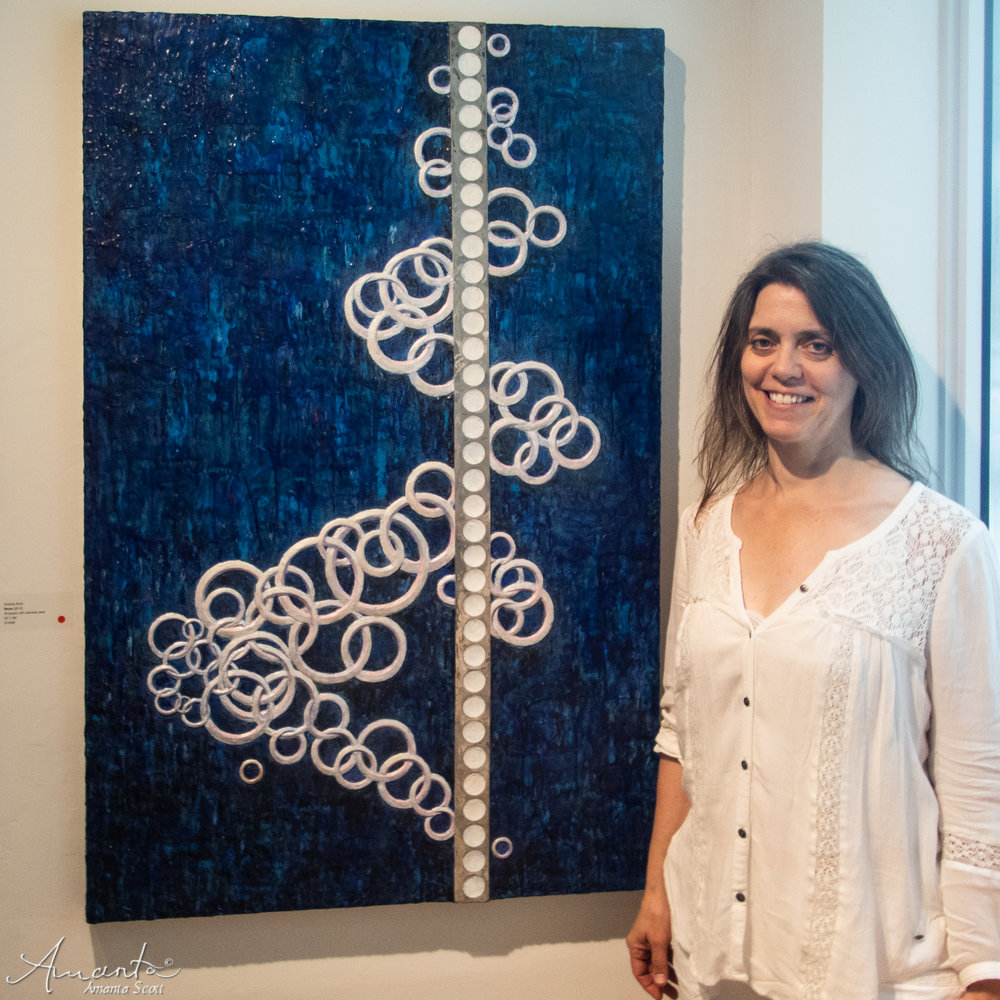 Artist with "Blues" encaustic with stainless steel