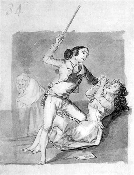 Mujer maltratada con un bastón (Woman battered with a cane)