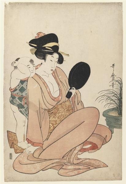 Mother and Child Gazing at a Hand Mirror 