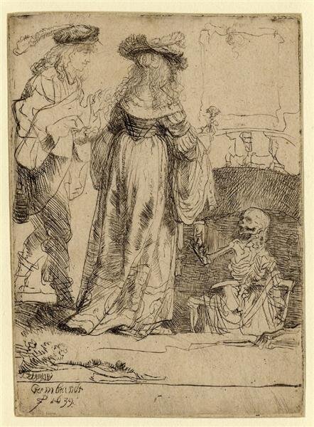 Death appearing to a wedded couple from an open grave 