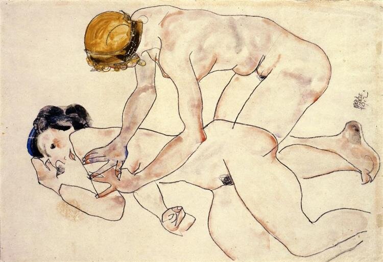 Two Female Nudes, One Reclining, One Kneeling 