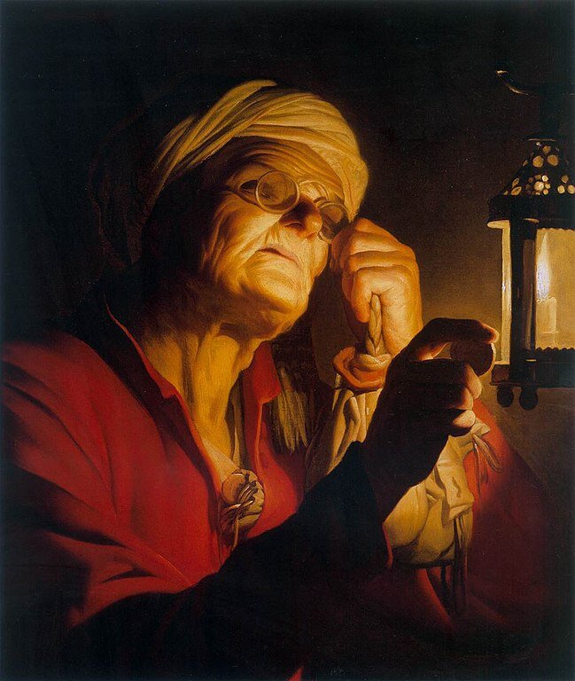 Old Woman Examining a Coin by a Lantern (Sight or Avarice)