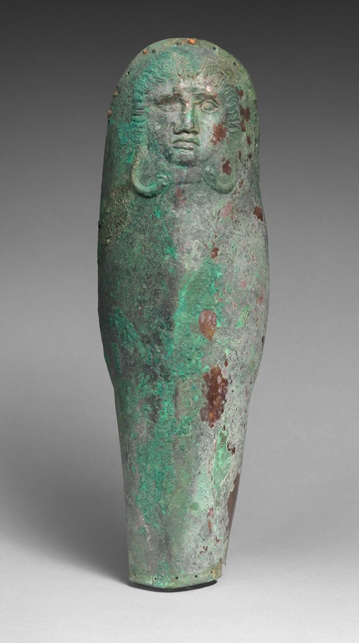 Bronze greave (shin guard) for the left leg with Medusa head 