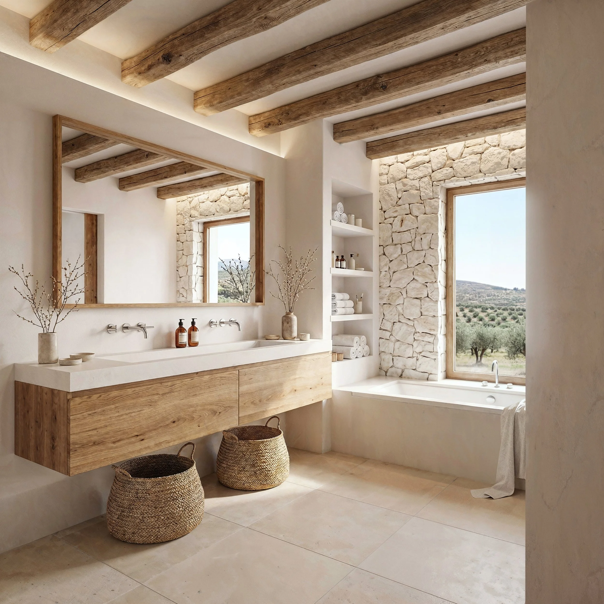 Une salle de bain moderne avec un meuble en bois flottant, un grand miroir, une baignoire avec vue sur la campagne, des étagères avec des serviettes et des produits de bain, et des éléments de décoration en nature.