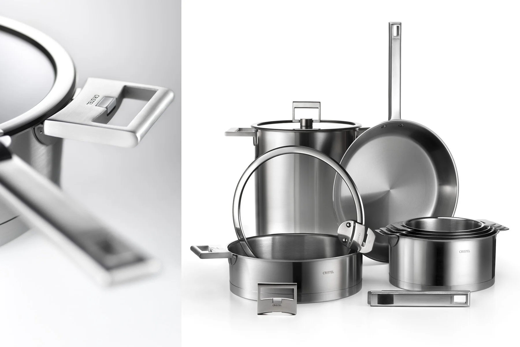 Une collection de vaisselle et ustensiles de cuisine de la marque Cristel en acier inoxydable, comprenant une casserole, une poêle, un couvercle, une boîte à biscuits et un récipient à pain, tous portant la marque Cristel.