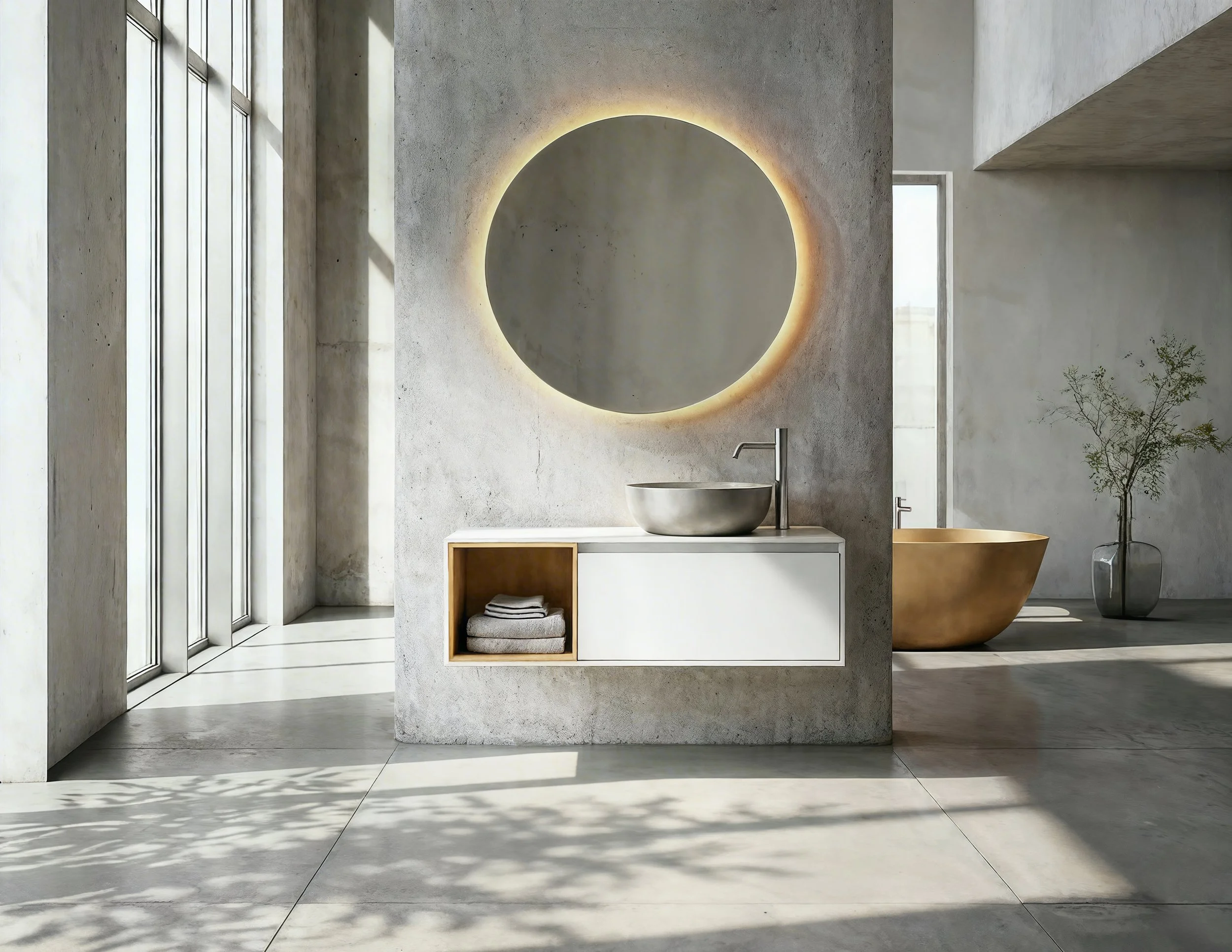 Salle de bain moderne avec miroir rond éclairé, lavabo en pierre sur comptoir blanc, baignoire en or et plante verte dans un vase