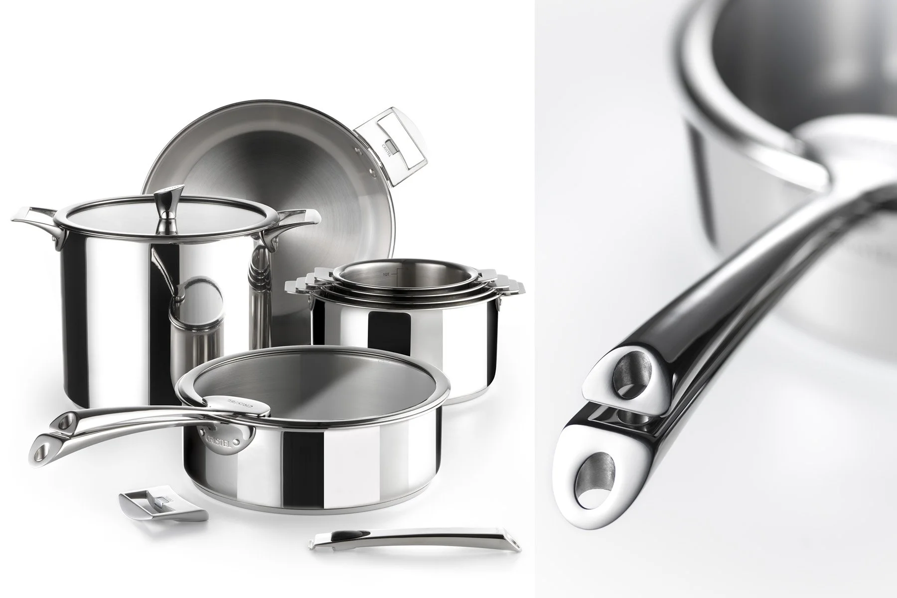 Ensemble de casseroles et poêles en acier inoxydable de la marque Cristel avec poignées noires et argentées, conçues pour la cuisson, présenté sur fond blanc.