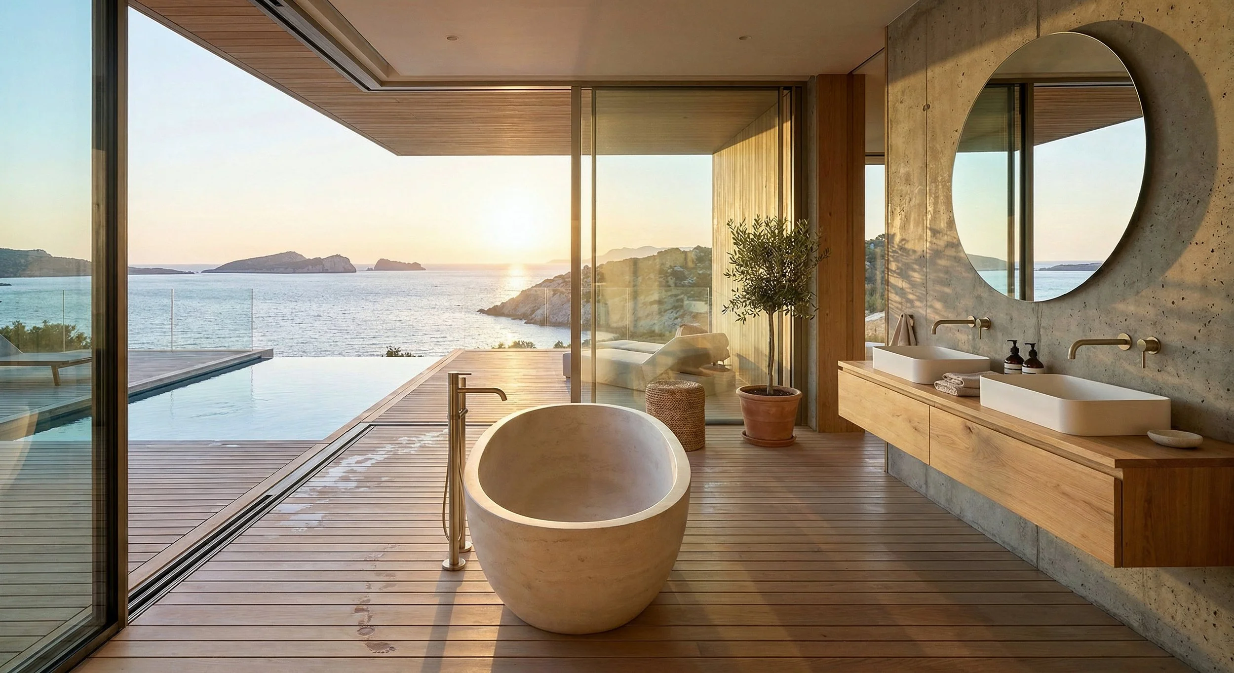 Salle de bain moderne avec vue sur la mer, baignoire sculptée en pierre, miroir rond, deux lavabos rectangulaires sur un meuble en bois, plante en pot, vue panoramique à travers de grandes fenêtres.