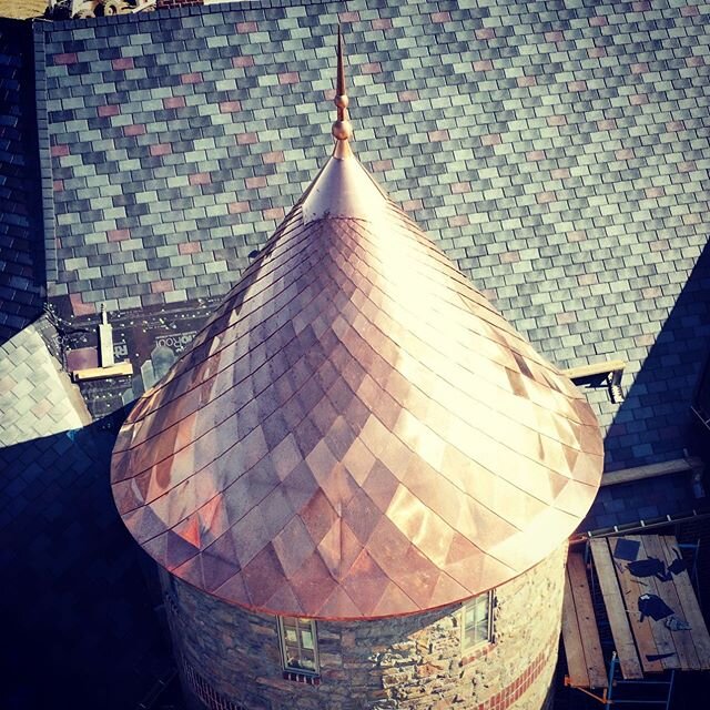 20 ounce Copper Turret Roof #copperroofing #copper #copperroof #finial #finials #turret #turrets #architecture #architect #architectural #diamonds #standingseammetalroof #standingseam #standingseamroofing #tower #coneroof #witcheshat #cone #lifetime 