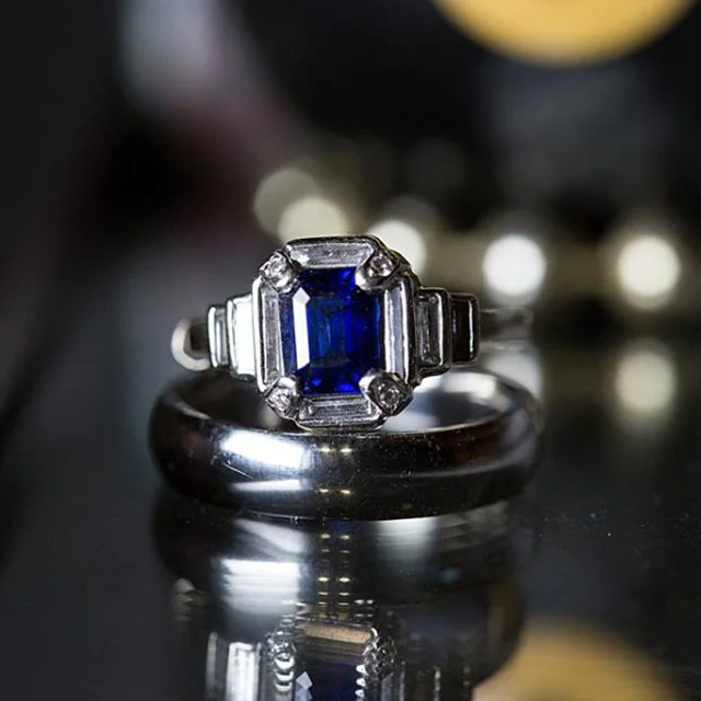 Art Deco Sapphire Engagement Ring with Men's Platinum Band