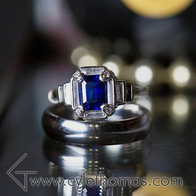 Art Deco Sapphire Engagement Ring with Men's Platinum Band