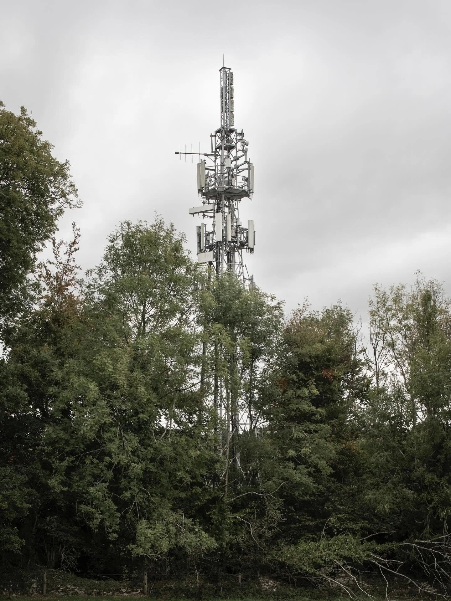 #001 Cell Tower 
Cell tower antenna arrays are not omnidirectional but very precisely focused beam antennas. Hence the surrounding trees at similar height have no effect on propagation.

Hyde Hill, Gloucestershire.

#objectsinthelandscape #celltower