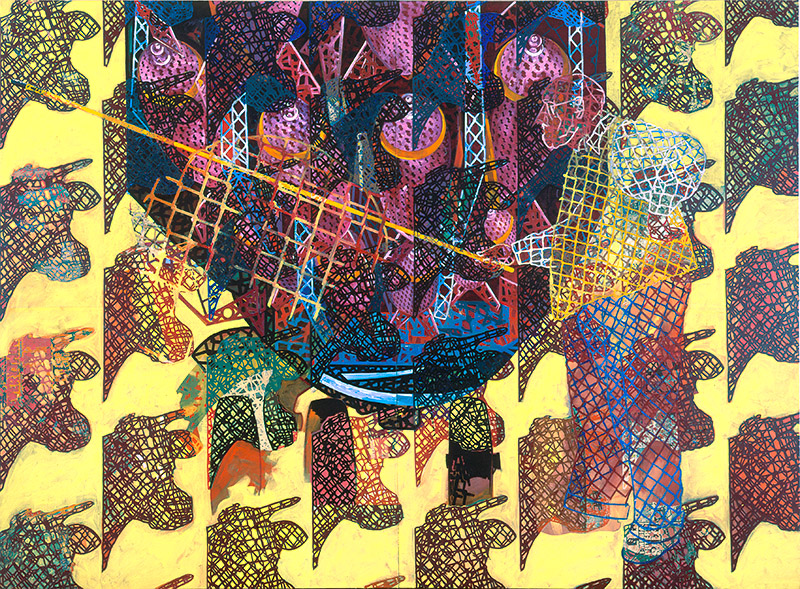 Miscue, 1996, acrylic/collage on canvas, 102" x 138"