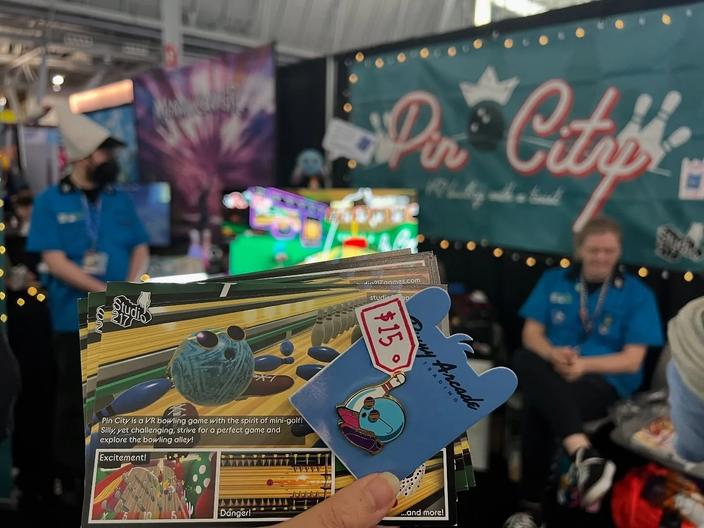 Today&rsquo;s the big day #PAXEast! 

Play some VR bowling, try to beat today&rsquo;s score, and grab a Gutterball Frank Pinny Arcade pin! 

@officialpax_ 
@officialpax.bsky.social

#indiedev #vr #gamedev #bowling #metaquest #quest #steamvr #paxeast2