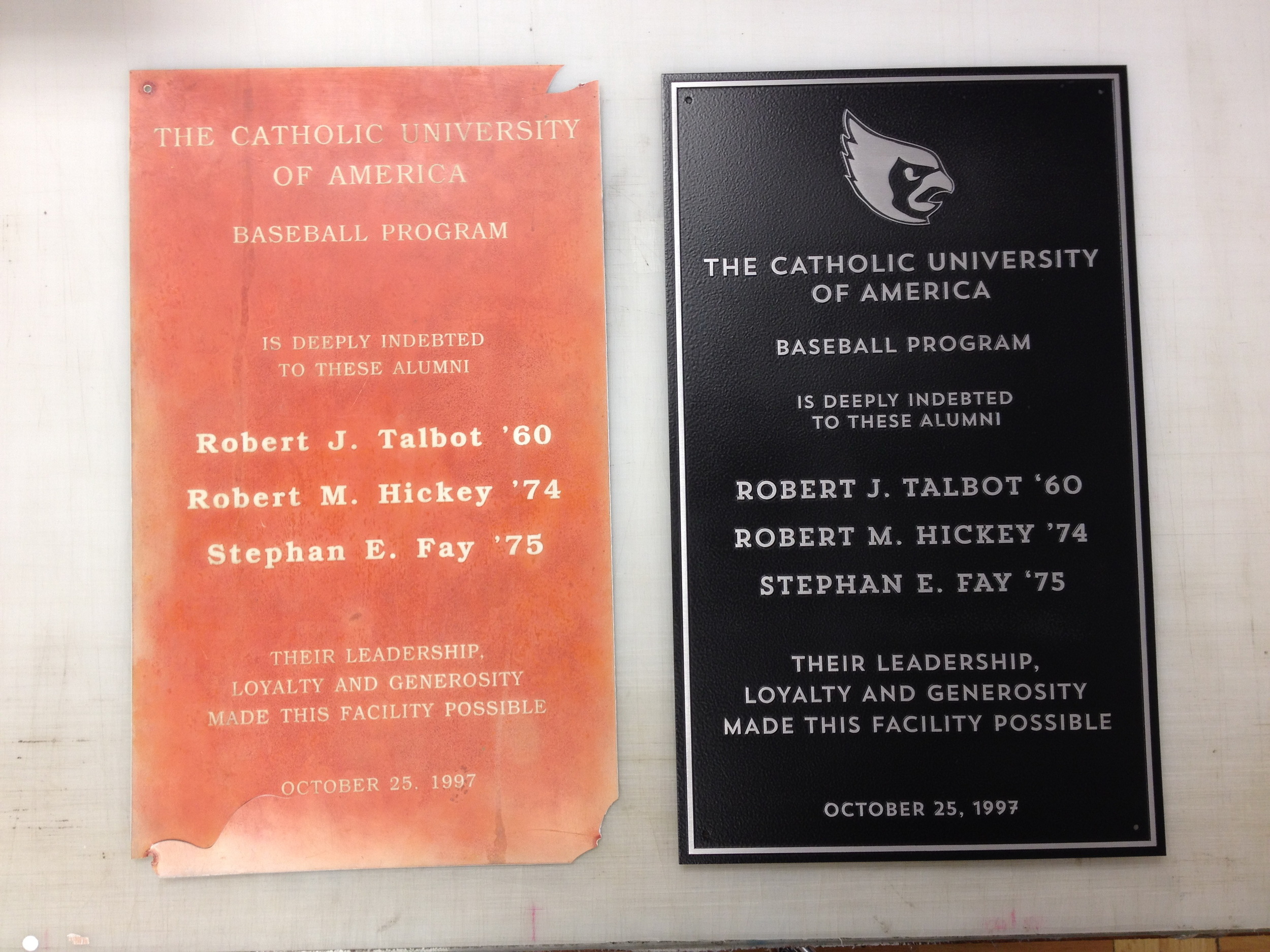 Before and after plaques for Catholic University
