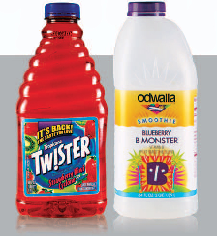 Tropicana Twister’s playful package structure (left) appeals to shoppers looking for a fun drink, while Odwalla (right) has straight lines that appeal to the practical side of “healthy” shoppers.