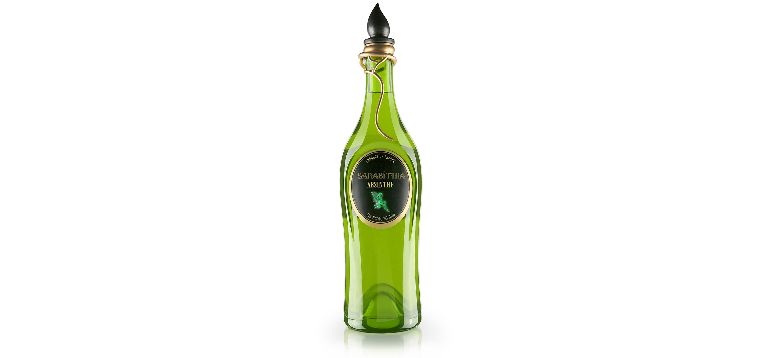 Sarabithia Absinthe is the embodiment of graphic and structural mediums working holistically to communicate the rich and mystical allure of Absinthe. The vine-like form of its plated cast metal necklace is suggestive of its natural roots while the arched indentation above the label connotes a portal to another world and provides a non-slip detail for enhanced handling. The graphic panel’s deep and dark elements speak to fantasy and wonderment while the sitting fairy’s coaxing gaze allures all those who pass by. The blown-glass stopper provides an ergonomic grip for cork removal and is reminiscent of the seal on a potion or elixir.