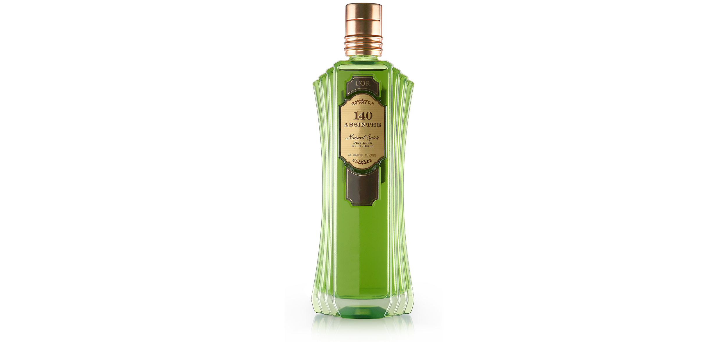 L’Or (or “the gold” in French) embraces the privilege and desirability that so often accompanies the world of alcoholic spirits. Taking its cues from prohibition speakeasies and the Art Deco design style, L’Or evokes a strong and confident structural design language with added flair in its marquee-like terracing. The graphics further enhance the prominence suggested by the structure with its gold foil label that is reminiscent of an exclusive address. The 140 in this instance is meant to reflect the proof of the spirit which allows it to command such a high price point and therefore appeal to a more privileged clientele. As a whole, L’Or’s stature and aesthetic justifies its presence on even the most discerning aficionado’s shelf.
