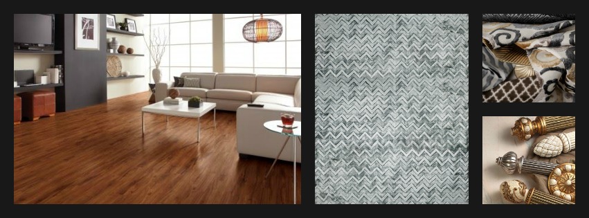 The concept for our first view to completing the room's decor is luxe finishes. We've defined the seating area with an area rug by Jaunty in Huntley Gray. The grayish tones of the rug shown lend a hue of Jade that introduces subtle color. We are complimenting the windows with these choices of decorative drapery hardware and our favorite fabric pick for drapery panels is Fabricut's Studio Cut Velvet collection. These stunning fabric patterns will also be combined to create custom pillows for the sofa, thus, carrying the windows into the room setting. The mix of traditional accessories with the contemporary adds a sophisticated palette to this setting. 