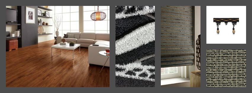 View Two . . . A walk into the wild. Although I do love the streamlined look in contemporary stylings, I do crave movement and the movement we've selected is the area rug - remember, the floor has the greater impact. Created by Kane Carpets is Olistico Zebra Stripes and it is the perfect pick to bring the accent wall color further into the space and offers a lush softness for cozying up on the sofa. Woven Wood Shades is our textural element and can be made in different styles. Shown here as a standard folding shade, but we also love the look of gliding panels for the selection too. All embellished with our trim choice "Hollywood" by Robert Allen Fabrics. The fabric choice for a decorative table runner and pillows is also from Robert Allen Fabrics's collection "Innerweave". With this grouping we've balanced the space by drawing on the darker tones throughout.