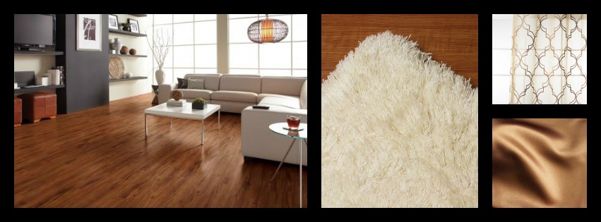 And, our final view - Plush and playful. Of course we had to go with shag for our area rug. Expected? Possibly. Sometimes the expected choice is the way to go especially with quality ingredients. This selection from Jaunty in Sierra White compliments the sofa, offering a great contrast to the floor, and keeping our eye on the prize. The prize in our "Plush and Playful" setting is the light fixture! We cannot ignore this burst in the room any longer and have offered up the selection of sheer fabrics by Robert Allen's Fretwork Decor in Mocha to be presented at the windows in drapery. To further our play on the light a solid fabric color choice is at hand by Gianti. The solid fabric placement can be banded, blocked with the sheer drapery panels and coordinated just so for decorative pillows.