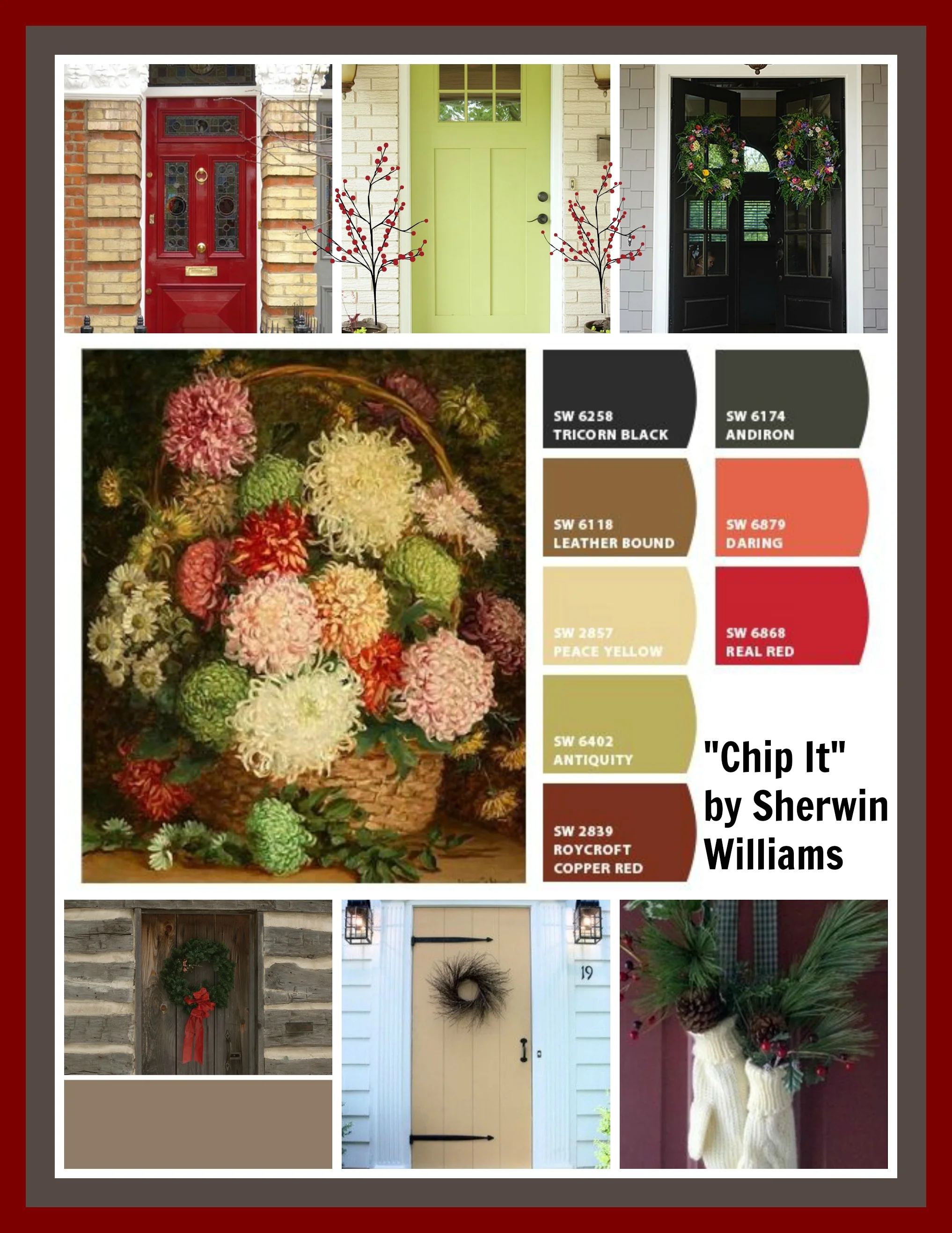 We love this holiday color palette by Sherwin Williams. Your guests will delight in the color of a welcoming entry door and you'll enjoy your new look for years to come. Learn more about Sherwin Williams "Chip It" **Always, always, always paint a sample swatch before beginning any paint project. Computer palettes are deceiving. Don't forget the welcome mat! They make great gifts as well.