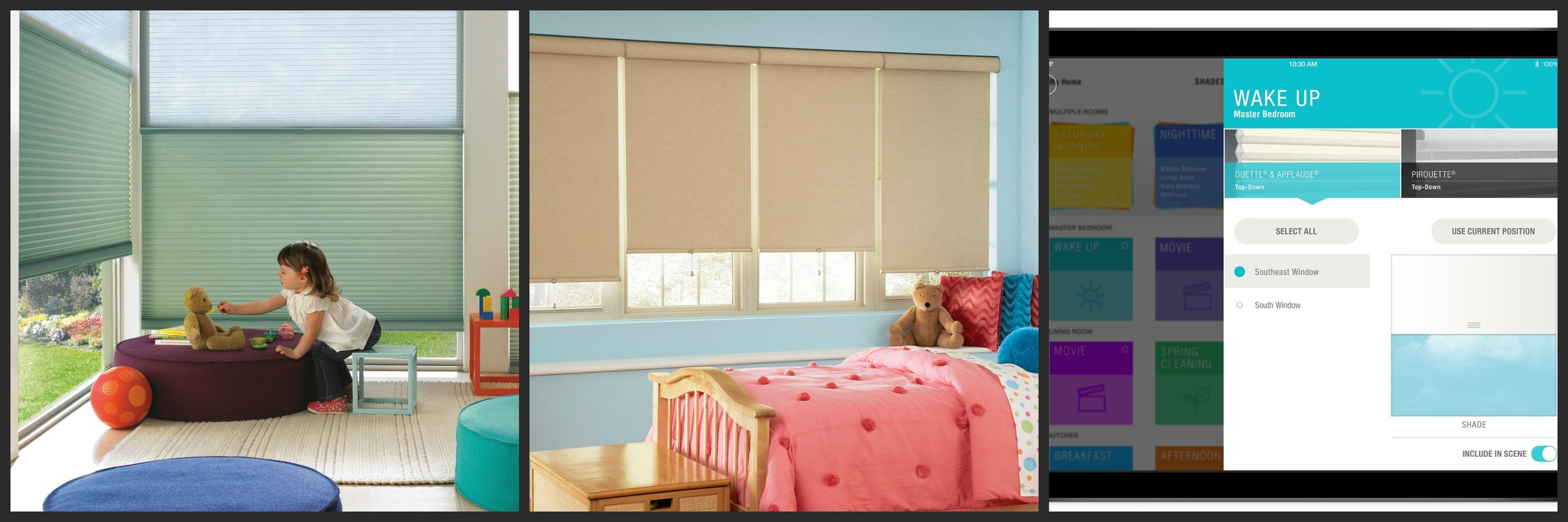 Photo courtesy Hunter Douglas Duette Duolites, Black-out Roller Shades and PowerView App on Ipad. Click here to learn more