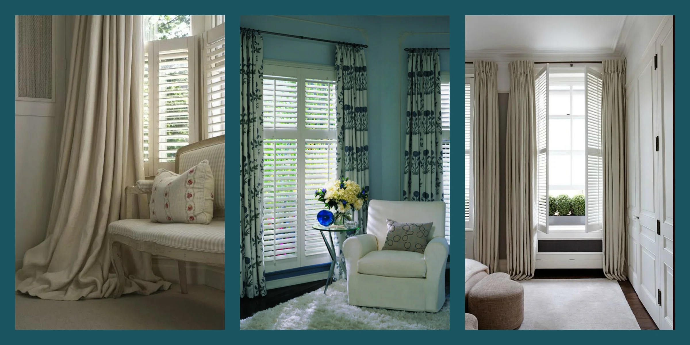 Draperies. Shutters are known as one of the best insulating window coverings on the market. To enhance your coverage and block light-lines that appear through the closed louvers, consider a drapery allowing enough stack-back off the shutter and higher placement of the drapery rod to soften the look and allow you to coordinate your fabrics to the window. There's nothing like a window that completes the room - and this is it.
