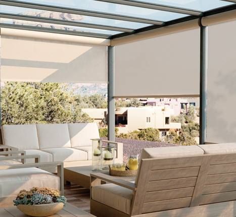 Outdoor Sunscreen Shades by Graber will not only cool down the patio they also cut the sun's glare and the UV rays. Add motorization for worry-free operation.