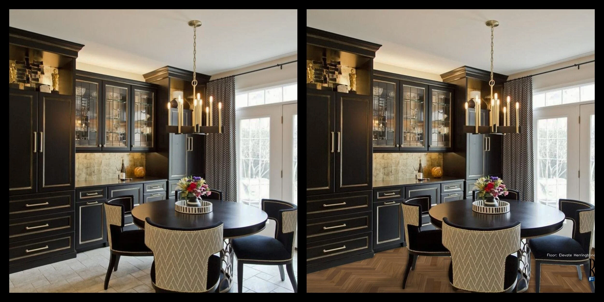 One room two floor choices complement our RMCoco Decor fabrics with impeccable upholstered chairs.  Click the pic to see more custom created furnishings.